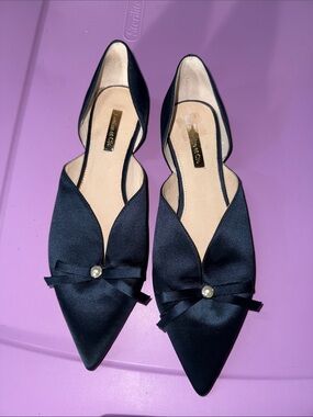 Louise et Cie Black Satin Pointed Toe D'Orsay Flats with Bow & Pearl